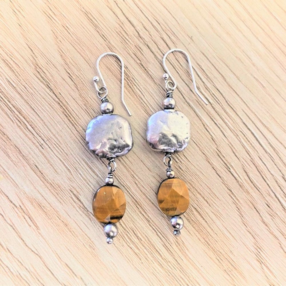 Silpada Hammered Sterling Silver Tigers Eye Dangle Earrings W1327